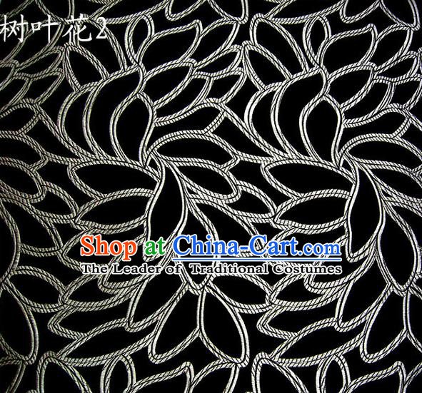 Asian Chinese Traditional Handmade Embroidery White Leaf Pattern Satin Wedding Silk Fabric, Top Grade Nanjing Brocade Tang Suit Hanfu Fabric Cheongsam Black Cloth Material