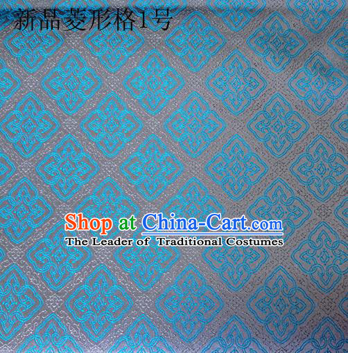 Asian Chinese Traditional Handmade Embroidery Rhombus Pattern Satin Silk Fabric, Top Grade Nanjing Brocade Tang Suit Hanfu Fabric Cheongsam Blue Cloth Material