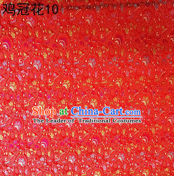 Asian Chinese Traditional Handmade Embroidery Cockscomb Flowers Satin Thangka Red Silk Fabric, Top Grade Nanjing Brocade Tang Suit Hanfu Fabric Cheongsam Cloth Material