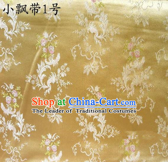 Traditional Asian Chinese Handmade Embroidery Flowers Ribbons Satin Golden Silk Fabric, Top Grade Nanjing Brocade Tang Suit Hanfu Clothing Fabric Cheongsam Cloth Material