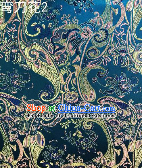 Asian Chinese Traditional Handmade Printing Machetes Flowers Satin Thangka Blue Silk Fabric, Top Grade Nanjing Brocade Tang Suit Hanfu Fabric Cheongsam Cloth Material