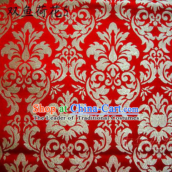 Traditional Asian Chinese Handmade Embroidery Lotus Flowers Fishes Satin Red Silk Fabric, Top Grade Nanjing Brocade Tang Suit Hanfu Wedding Tibetan Clothing Fabric Cheongsam Cloth Material