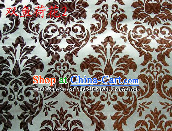 Traditional Asian Chinese Handmade Embroidery Brown Lotus Flowers Fishes Satin Silk Fabric, Top Grade Nanjing Brocade Tang Suit Hanfu Wedding Tibetan Clothing Fabric Cheongsam Cloth Material