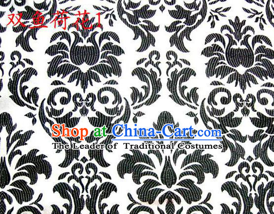 Traditional Asian Chinese Handmade Embroidery Black Lotus Flowers Fishes Satin White Silk Fabric, Top Grade Nanjing Brocade Tang Suit Hanfu Wedding Tibetan Clothing Fabric Cheongsam Cloth Material