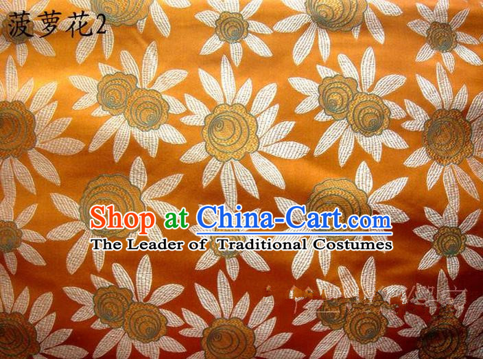 Traditional Asian Chinese Handmade Embroidery Pineapple Flowers Satin Yellow Silk Fabric, Top Grade Nanjing Brocade Tang Suit Hanfu Tibetan Clothing Fabric Cheongsam Cloth Material