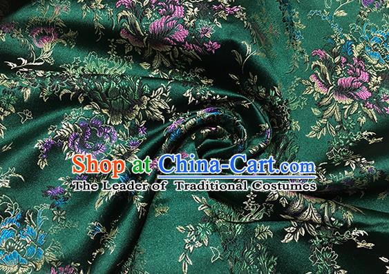 Traditional Asian Chinese Handmade Embroidery Butterfly Peony Satin Green Silk Fabric, Top Grade Nanjing Brocade Tang Suit Hanfu Clothing Fabric Cheongsam Cloth Material