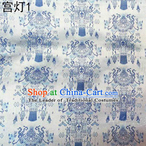 Traditional Asian Chinese Handmade Embroidery Palace Lantern Satin White Silk Fabric, Top Grade Nanjing Brocade Tang Suit Hanfu Clothing Fabric Cheongsam Cloth Material