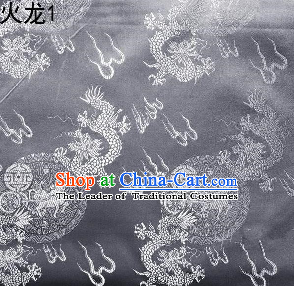 Traditional Asian Chinese Handmade Embroidery Fire Dragons Satin Tang Suit Grey Silk Fabric, Top Grade Nanjing Brocade Ancient Costume Hanfu Clothing Fabric Cheongsam Cloth Material