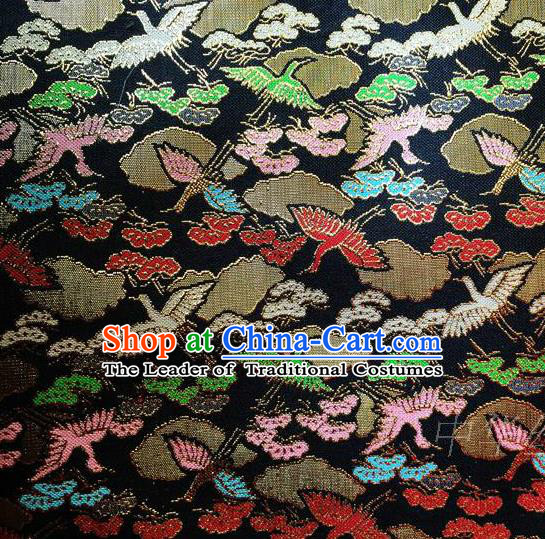 Traditional Asian Chinese Handmade Embroidery Cranes Satin Tang Suit Black Fabric, Nanjing Brocade Ancient Costume Hanfu Kimono Cheongsam Cloth Material