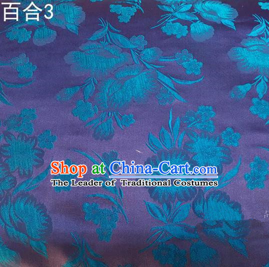 Traditional Asian Chinese Handmade Embroidery Greenish Lily Flower Satin Tang Suit Purple Fabric, Nanjing Brocade Ancient Costume Hanfu Cheongsam Cloth Material
