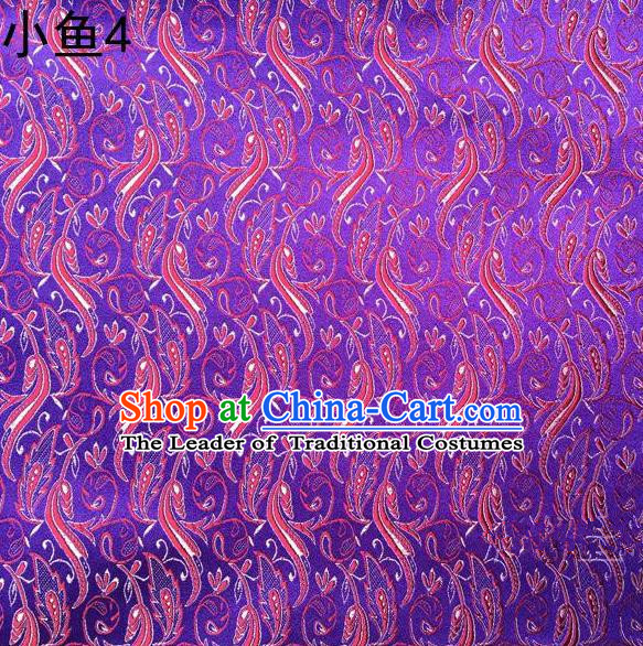 Traditional Asian Chinese Handmade Jacquard Weave Red Fish Pattern Satin Tang Suit Purple Silk Fabric, Top Grade Nanjing Brocade Ancient Costume Hanfu Clothing Fabric Cheongsam Cloth Material