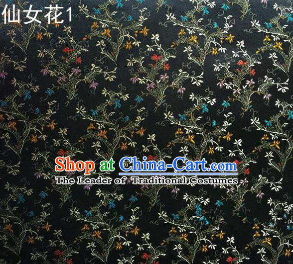 Traditional Asian Chinese Handmade Embroidery Spreading Flowers Satin Tang Suit Black Silk Fabric, Top Grade Nanjing Brocade Ancient Costume Hanfu Clothing Cheongsam Cloth Material