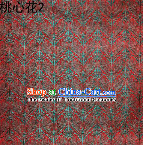 Traditional Asian Chinese Handmade Embroidery Blue Peach Hearts Flowers Satin Tang Suit Red Silk Fabric, Top Grade Nanjing Brocade Ancient Costume Hanfu Clothing Cheongsam Cloth Material