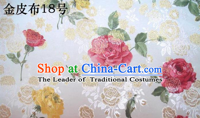 Traditional Asian Chinese Handmade Printing Gold Wire Roses Satin Wedding Tang Suit White Silk Fabric, Top Grade Nanjing Brocade Ancient Costume Hanfu Tibetan Clothing Cheongsam Cloth Material