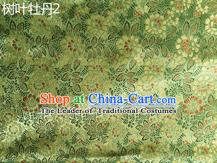 Traditional Asian Chinese Handmade Embroidery Peony Leaf Silk Satin Tang Suit Green Fabric, Nanjing Brocade Ancient Costume Hanfu Cheongsam Cloth Material