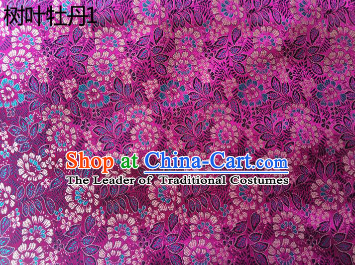 Traditional Asian Chinese Handmade Embroidery Peony Leaf Silk Satin Tang Suit Purple Fabric, Nanjing Brocade Ancient Costume Hanfu Cheongsam Cloth Material