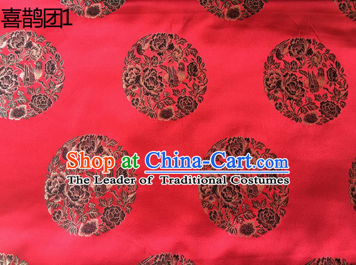 Traditional Asian Chinese Handmade Embroidery Peony Magpie Silk Satin Tang Suit Red Fabric, Nanjing Brocade Ancient Costume Hanfu Cheongsam Cloth Material