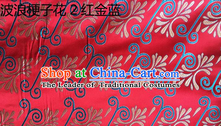 Traditional Asian Chinese Handmade Embroidery Wave Stem Flowers Silk Satin Tang Suit Red Fabric, Nanjing Brocade Ancient Costume Hanfu Cheongsam Cloth Material