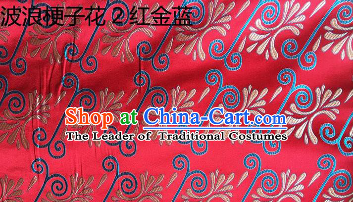 Traditional Asian Chinese Handmade Embroidery Wave Stem Flowers Silk Satin Tang Suit Red Fabric, Nanjing Brocade Ancient Costume Hanfu Cheongsam Cloth Material