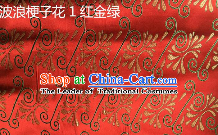Traditional Asian Chinese Handmade Embroidery Wave Green Stem Flowers Silk Satin Tang Suit Red Fabric, Nanjing Brocade Ancient Costume Hanfu Cheongsam Cloth Material