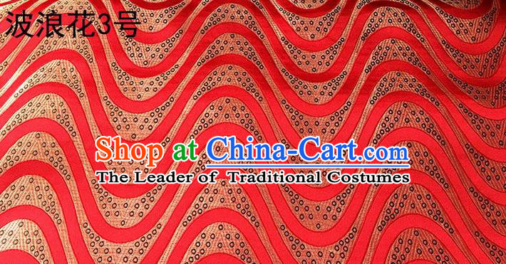 Traditional Asian Chinese Handmade Printing Wave Silk Satin Tang Suit Red Fabric Drapery, Nanjing Brocade Ancient Costume Hanfu Cheongsam Cloth Material