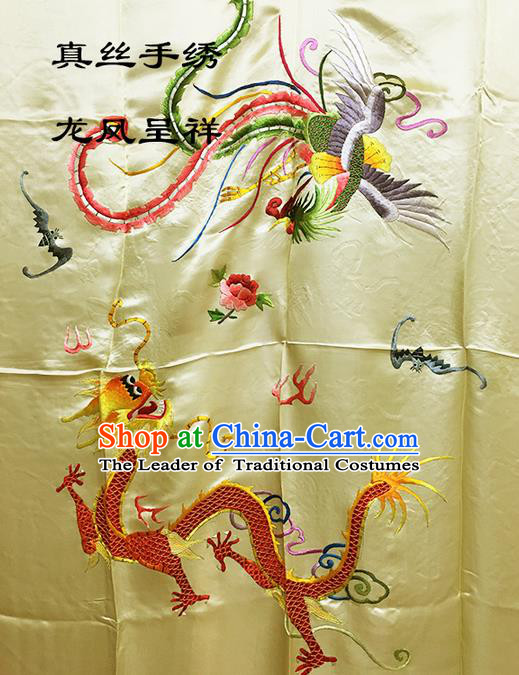 Traditional Asian Chinese Handmade Embroidery Dragon and Phoenix Quilt Cover Silk Tapestry Yellow Fabric Drapery, Top Grade Nanjing Brocade Bed Sheet Cloth Material