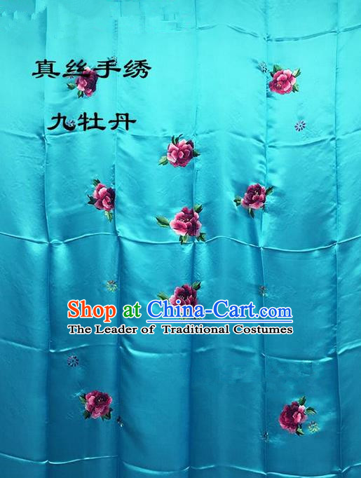 Traditional Asian Chinese Handmade Embroidery Ninth Peony Quilt Cover Silk Tapestry Deep Blue Fabric Drapery, Top Grade Nanjing Brocade Bed Sheet Cloth Material