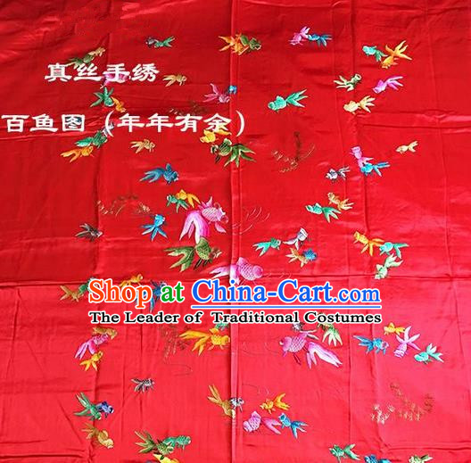 Traditional Asian Chinese Handmade Embroidery Fishes Quilt Cover Silk Tapestry Red Fabric Drapery, Top Grade Nanjing Brocade Bed Sheet Cloth Material