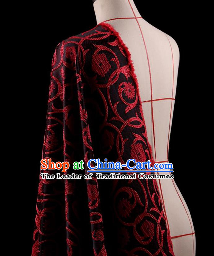 Traditional Asian Chinese Handmade Embroidery Red Flowers Coat Silk Tapestry Black Fabric Drapery, Top Grade Nanjing Brocade Ancient Costume Cheongsam Cloth Material