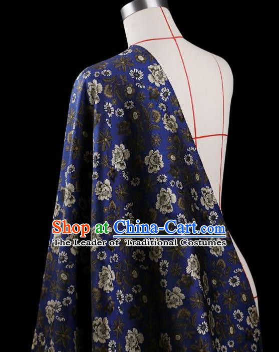 Traditional Asian Chinese Handmade Embroidery Flower Jacquard Weave Coat Silk Tapestry Blue Fabric Drapery, Top Grade Nanjing Brocade Ancient Costume Cheongsam Cloth Material