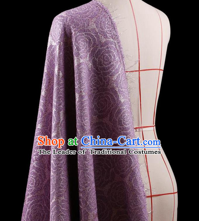 Traditional Asian Chinese Handmade Embroidery Rose Flower Jacquard Weave Coat Silk Tapestry Purple Fabric Drapery, Top Grade Nanjing Brocade Ancient Costume Cheongsam Cloth Material