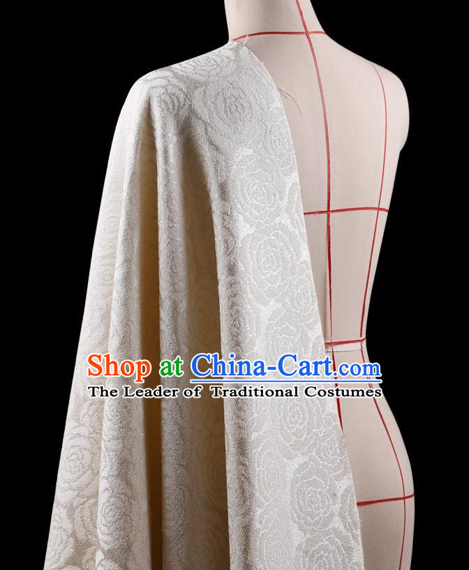 Traditional Asian Chinese Handmade Embroidery Rose Flower Jacquard Weave Coat Silk Tapestry White Fabric Drapery, Top Grade Nanjing Brocade Ancient Costume Cheongsam Cloth Material