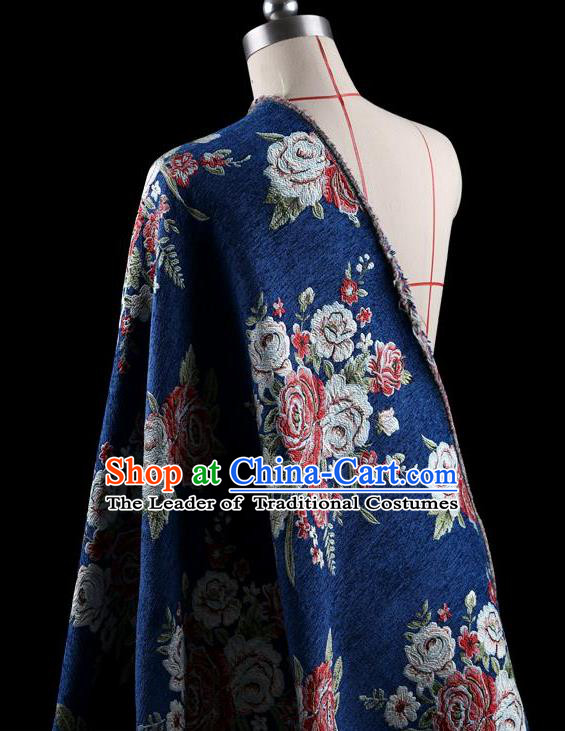 Traditional Asian Chinese Handmade Embroidery Flower Jacquard Weave Coat Silk Tapestry Blue Fabric Drapery, Top Grade Nanjing Brocade Ancient Costume Cheongsam Cloth Material