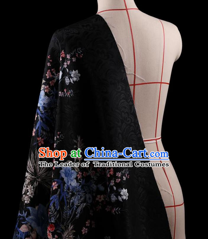 Traditional Asian Chinese Handmade Printing Flower Jacquard Weave Dress Black Silk Satin Fabric Drapery, Top Grade Nanjing Brocade Ancient Costume Cheongsam Cloth Material