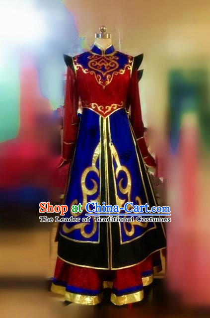 Traditional Chinese Mongol Nationality Dancing Costume, Mongols Female Folk Dance Ethnic Pleated Skirt, Chinese Mongolian Minority Nationality Embroidery Costume for Women