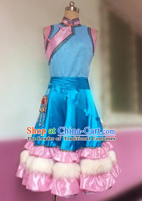 Traditional Ancient Chinese National Folk Dance Embroidery Costume, Elegant Hanfu China Classical Dance Blue Dress Clothing for Women