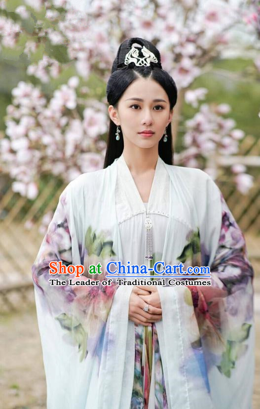 Asian Chinese Traditional Northern and Southern Dynasties Palace Lady Costume and Headpiece Complete Set, Lost Love In Times China Ancient Princess Dress Clothing