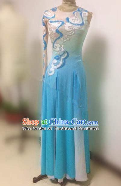 Traditional Ancient Chinese National Clothing Folk Yanko Dance Uniform, Elegant Hanfu China Classical Dance Blue Dress for Women