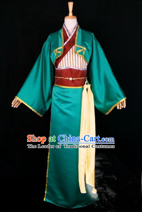 Asian Chinese Traditional Cospaly Han Dynasty Scholar Costume, China Elegant Hanfu Nobility Childe Green Robe Clothing for Men