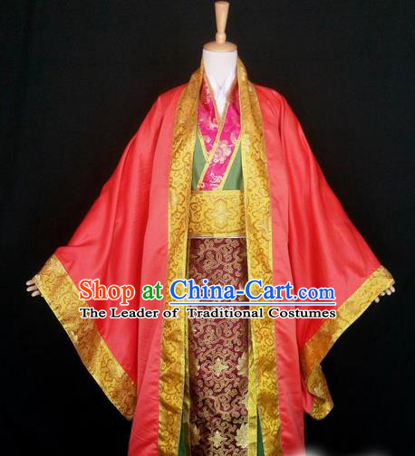 Asian Chinese Traditional Cospaly Han Dynasty Royal King Wedding Costume, China Elegant Hanfu Nobility Childe Red Robe Clothing for Men