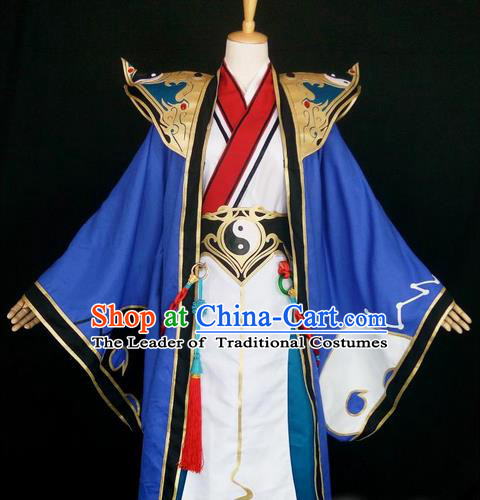 Asian Chinese Traditional Cospaly Han Dynasty Royal Prince Costume, China Elegant Hanfu Nobility Childe Blue Robe Clothing for Men