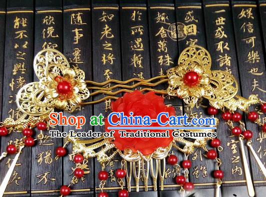 Traditional Handmade Chinese Ancient Classical Butterfly Hair Accessories Complete Set, Step Shake Hair Sticks, Hair Fascinators Golden Hairpins for Women