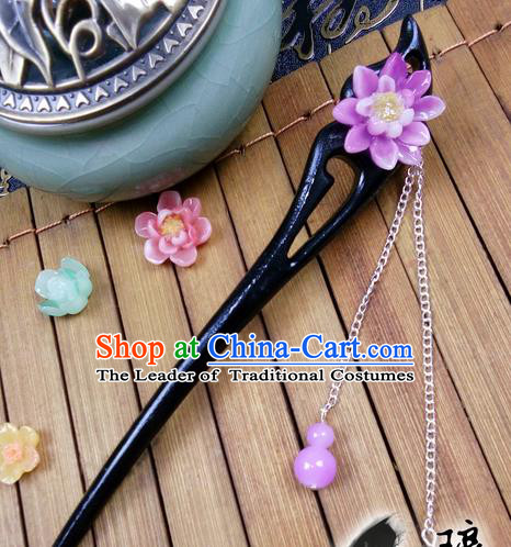 Traditional Handmade Chinese Ancient Classical Hair Accessories Ebony Hairpins, Princess Purple Flower Tassel Step Shake Headpiece for Women