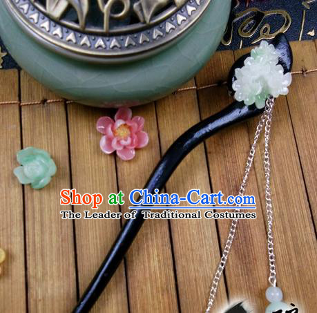 Traditional Handmade Chinese Ancient Classical Hair Accessories Ebony Hairpins, Princess Green Flower Tassel Step Shake Headpiece for Women