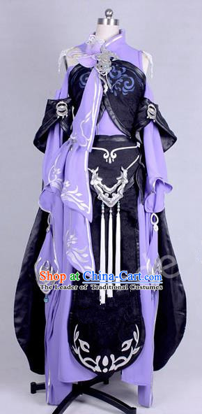 Asian Chinese Traditional Cospaly Costume Customization Kawaler Costume, China Elegant Hanfu Swordsman Purple Dress Clothing for Women