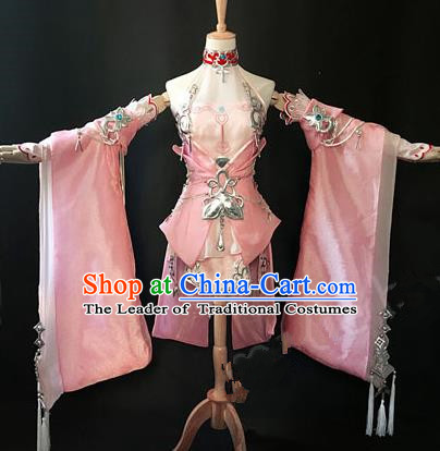 Asian Chinese Traditional Cospaly Costume Customization Swordswoman Dance Costume, China Elegant Hanfu Princess Pink Dress Clothing for Women