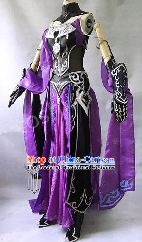 Asian Chinese Traditional Cospaly Costume Customization Swordswoman Costume, China Elegant Hanfu Peri Purple Dress Clothing for Women