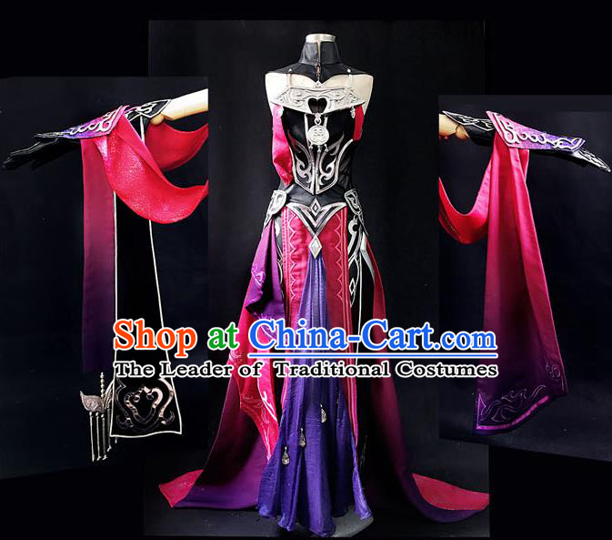 Asian Chinese Traditional Cospaly Costume Customization Swordswoman Costume, China Elegant Hanfu Peri Red Dress Clothing for Women