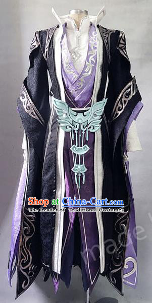 Asian Chinese Traditional Cospaly Costume Customization Refined Royal Highness Costume Complete Set, China Elegant Hanfu Swordsman Purple Clothing for Men