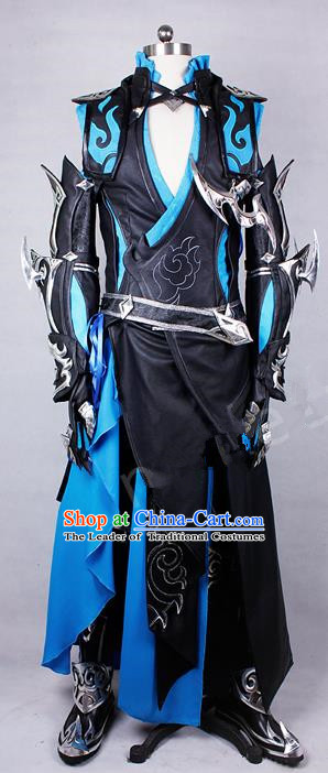 Asian Chinese Traditional Cospaly Costume Customization Ancient Kawaler General Costume Complete Set, China Elegant Hanfu Swordsman Black Clothing for Men